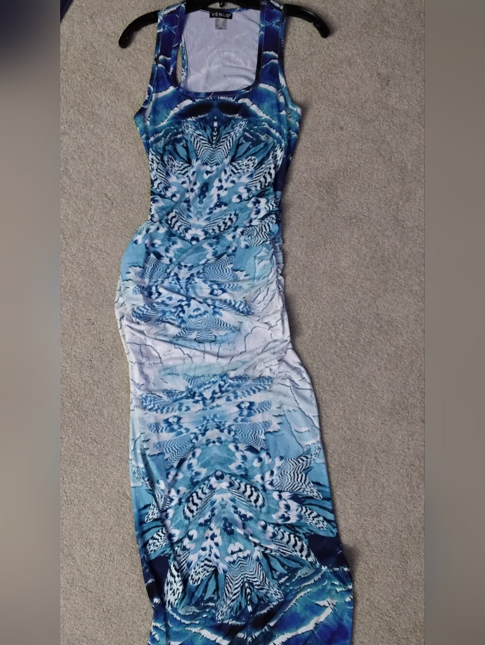 VENUS Maxi Dress with Abstract Feather Print, Blue, Medium